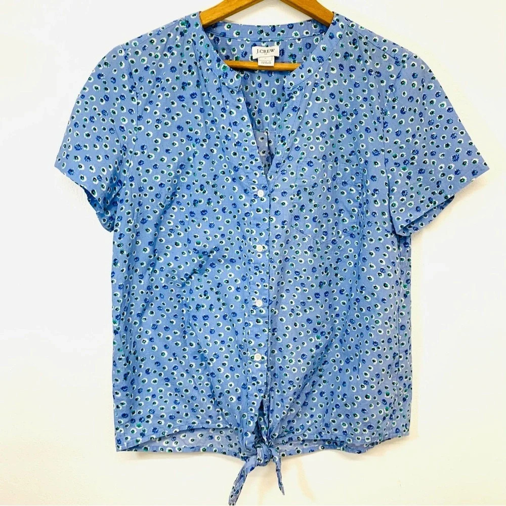 J Crew Blouse Top Small Blue Floral Front Button Tie 100% Cotton Lightweight